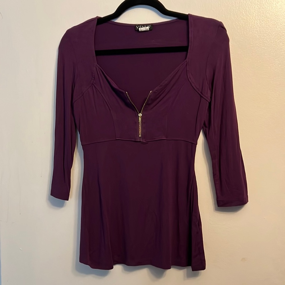 Venus 3/4 Sleeve Purple XS Zipper Detail Top